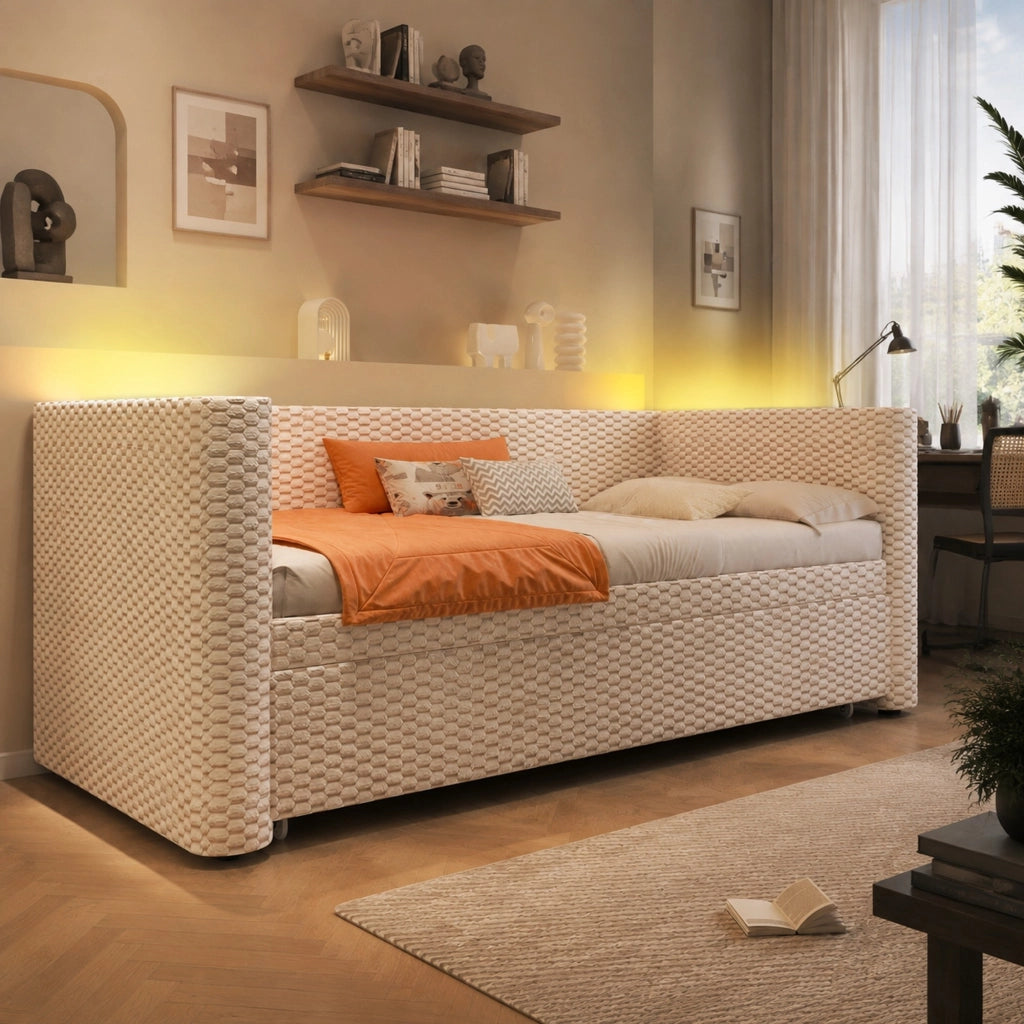 Letto estraibile 90x200 cm trasformabile in letto matrimoniale 180x200 cm in velluto beige con LED HOMVRA