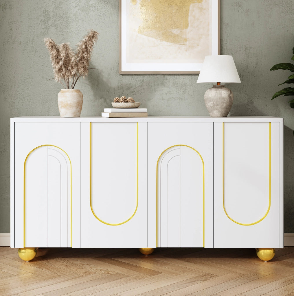 Sideboard bianco 4 ante con decoro dorato, 140x40x74 cm