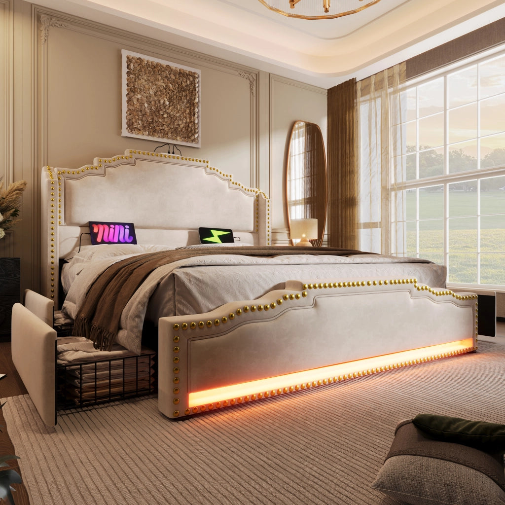 Letto matrimoniale 160 × 200 cm con quattro cassetti LED USB e USB-C in velluto beige con rete a doghe