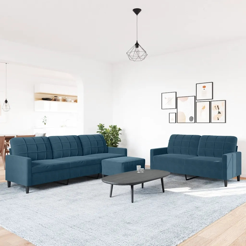 Set di Divani 3 pz con Cuscini Blu in Velluto