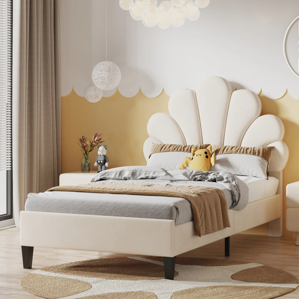 Letto imbottito 90 × 200 cm con testiera a fiore in velluto beige; rete a 12 doghe e struttura in MDF
