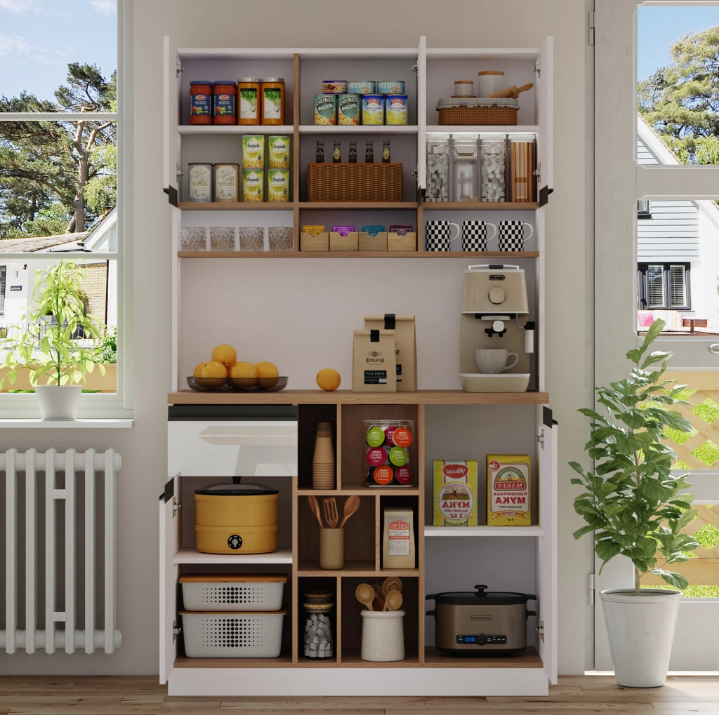 Credenza da cucina in MDF bianco lucido 105 × 45 × 185 cm con cassetto e ripiani regolabili