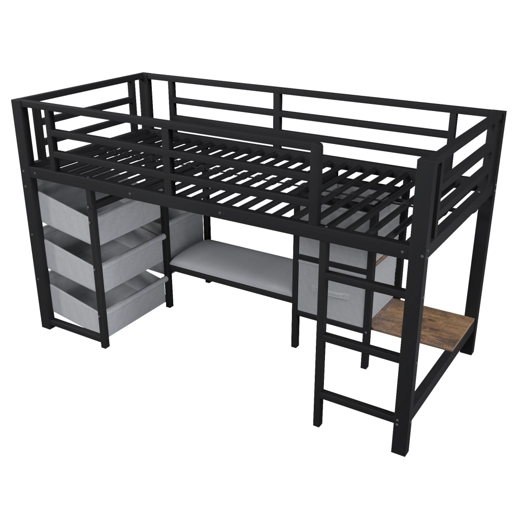 Letto a soppalco 90x200 cm nero in metallo con LED e contenitori, senza materasso