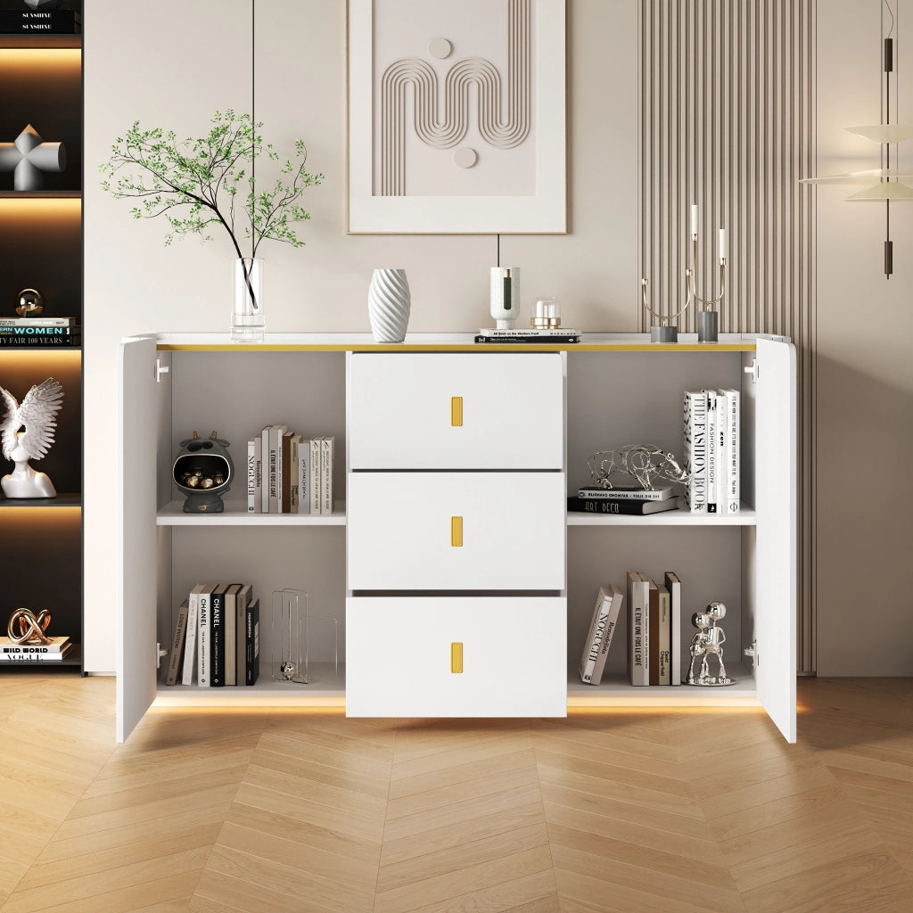 Credenza e madia con LED Bluetooth, 2 ante e 3 cassetti, per soggiorno e cucina, in truciolare bianco, 150 × 35 × 80 cm
