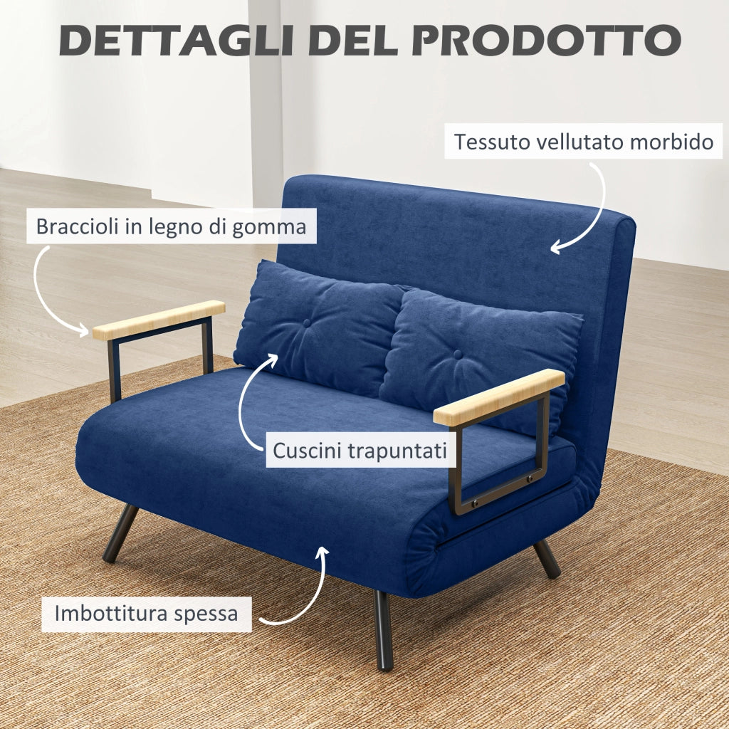 Divano Letto in Tessuto Velluto con Schienale Regolabile e Cuscini ¨C Zephmum ¨C 102x73x81 cm Blu