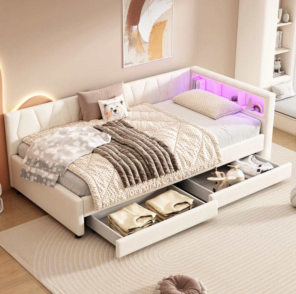 Letto singolo 90x200 con LED RGB， USB+Tipo C， 2 cassetti， vani al testale e rete a doghe， beige， in tessuto e MDF， per camera moderna e salvaspazio， senza materasso