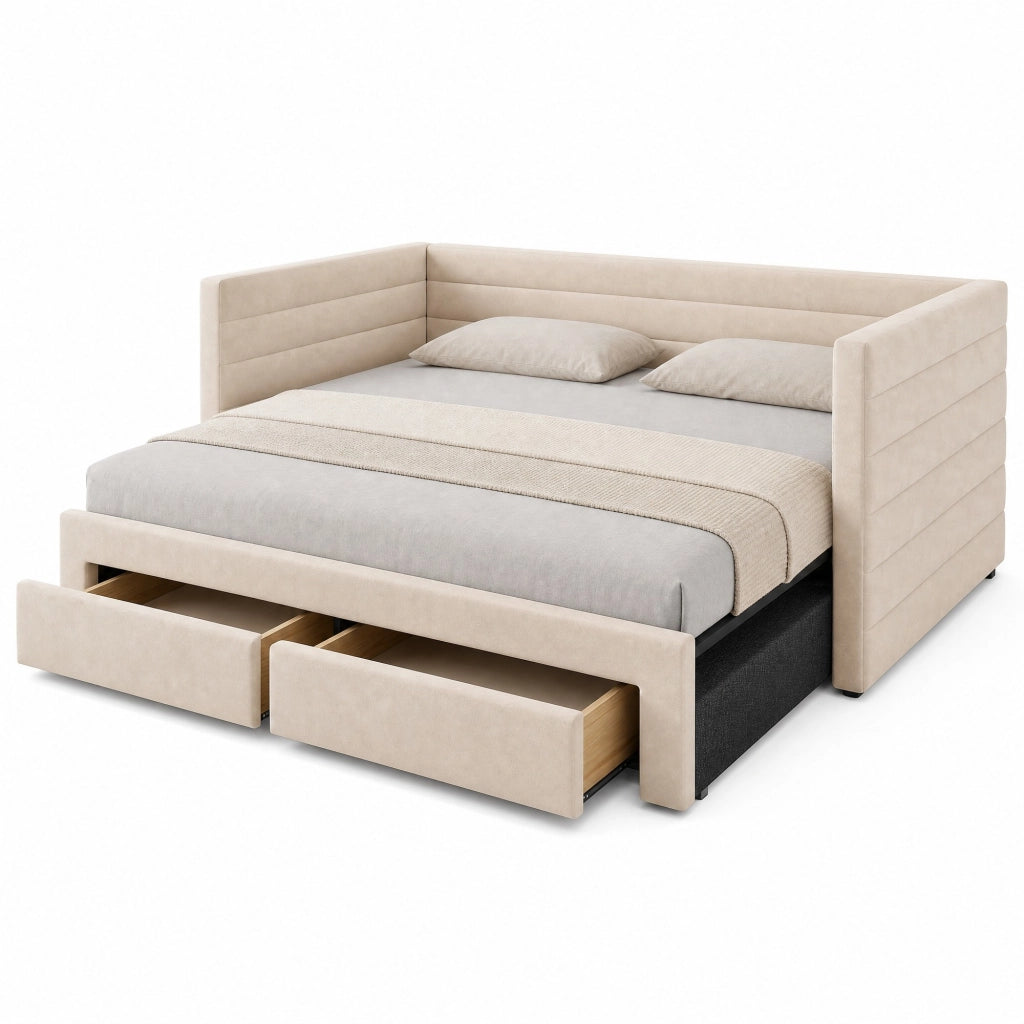 Divano letto beige 207x189x74 cm in cotone e lino con 2 cassetti, senza materasso