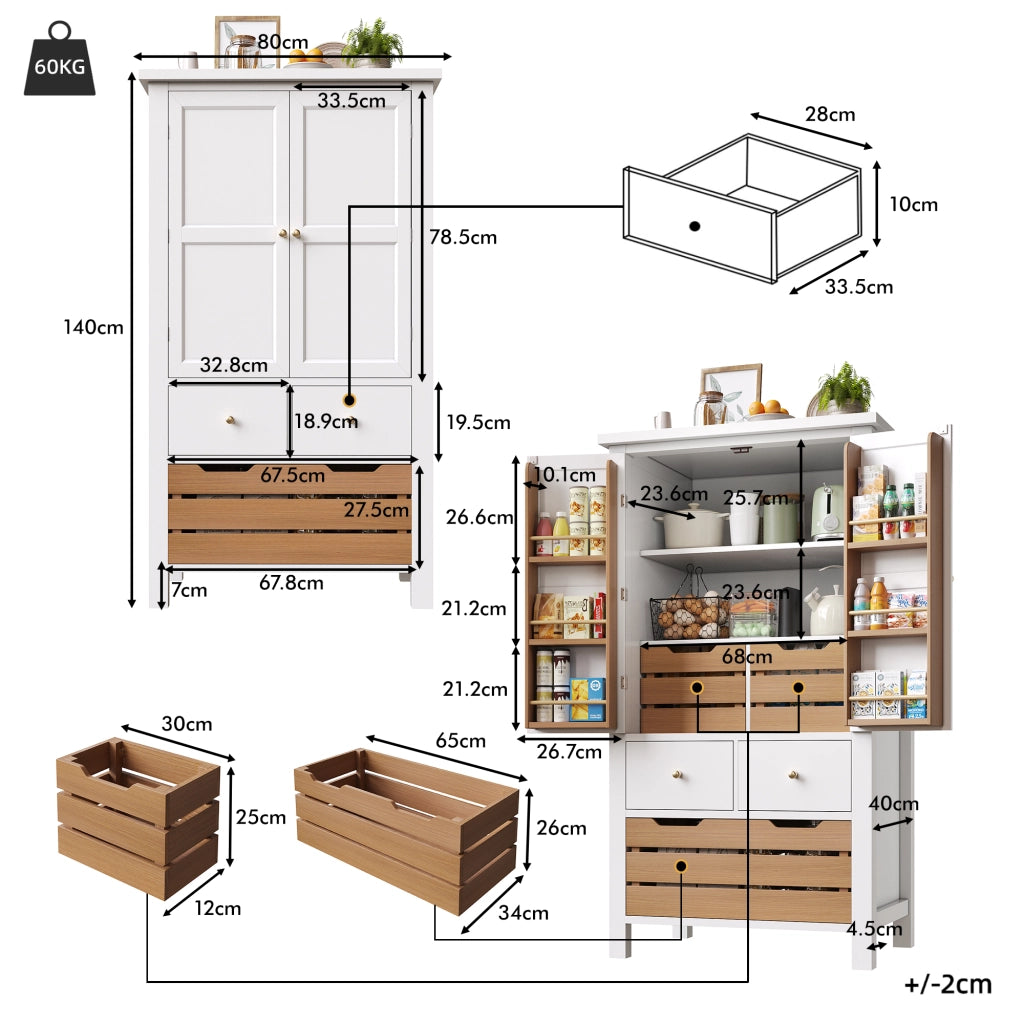 OKWISH Credenza da Cucina Alta con 2 Ante, 5 Cassetti e 2 Ripiani, Chiusura Magnetica, MDF, Bianca, 80 x 40 x 140 cm