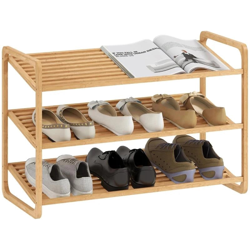 SCAFFALE SCARPIERA A 3 LIVELLI PER 12 SCARPE CON RIPIANI A DOGHE IN BAMB¨, 76X33X50.8 CM, COLORE LEGNO