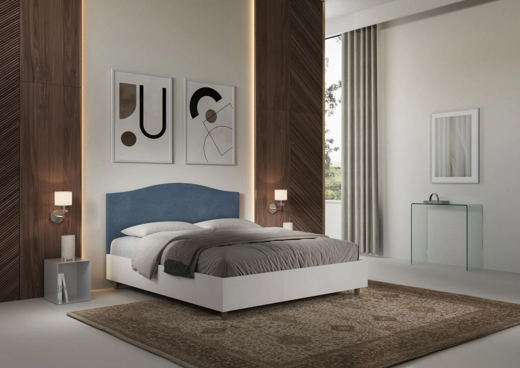 BS COM Letto matrimoniale contenitore 160x200 bianco frassino testata microfibra blu