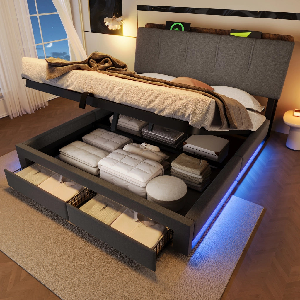 Letto contenitore 140 × 200 cm con vano idraulico cassetti laterali testiera imbottita USB Type-C LED grigio in lino