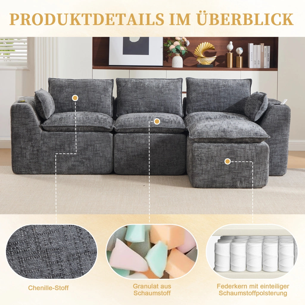 Divano modulare a 3 posti in ciniglia grigio scuro con pouf cuscini e tasche laterali 256 × 161 × 75 cm