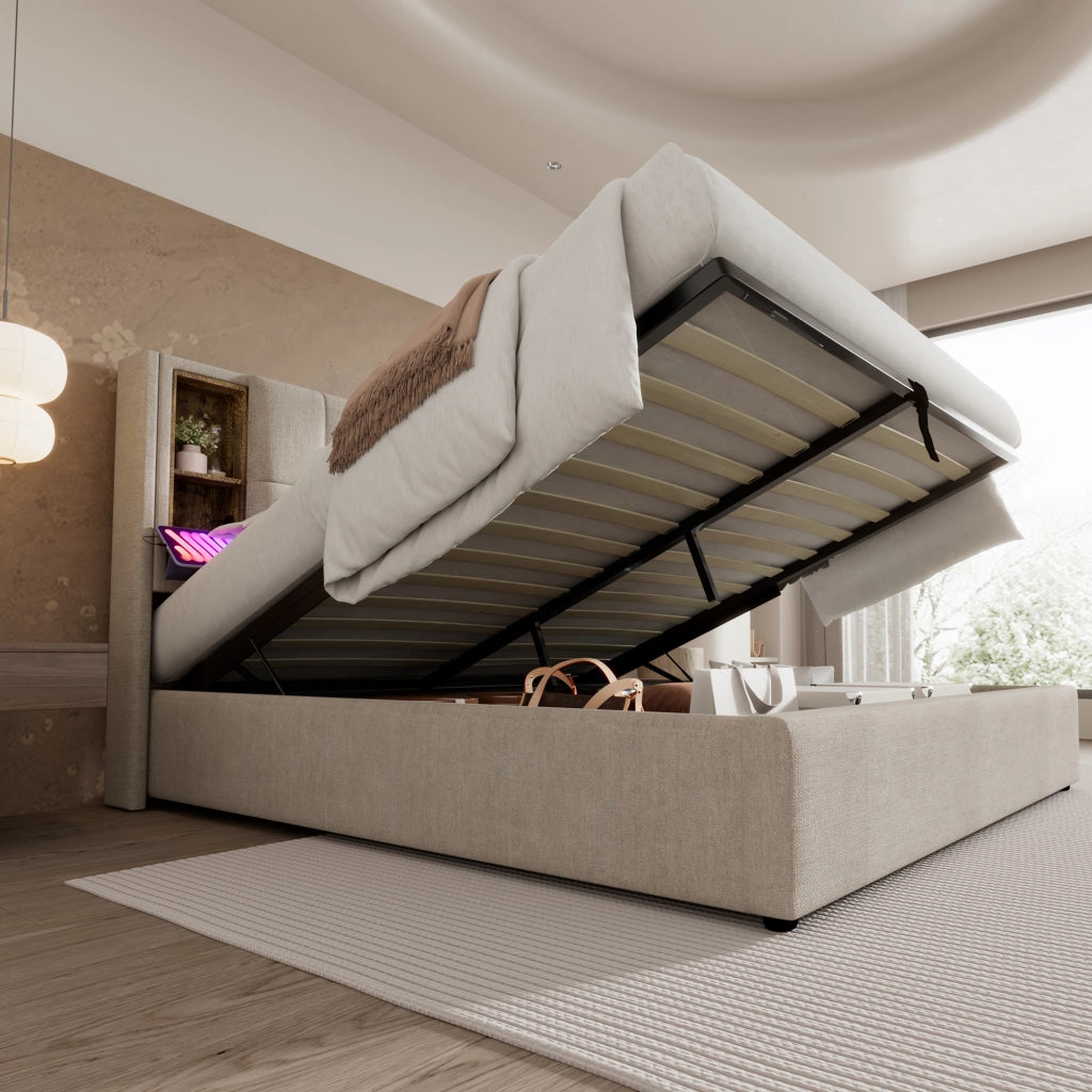 Letto matrimoniale imbottito 160 ¡Á 200 cm con vano contenitore ricarica wireless USB e USB C in lino naturale
