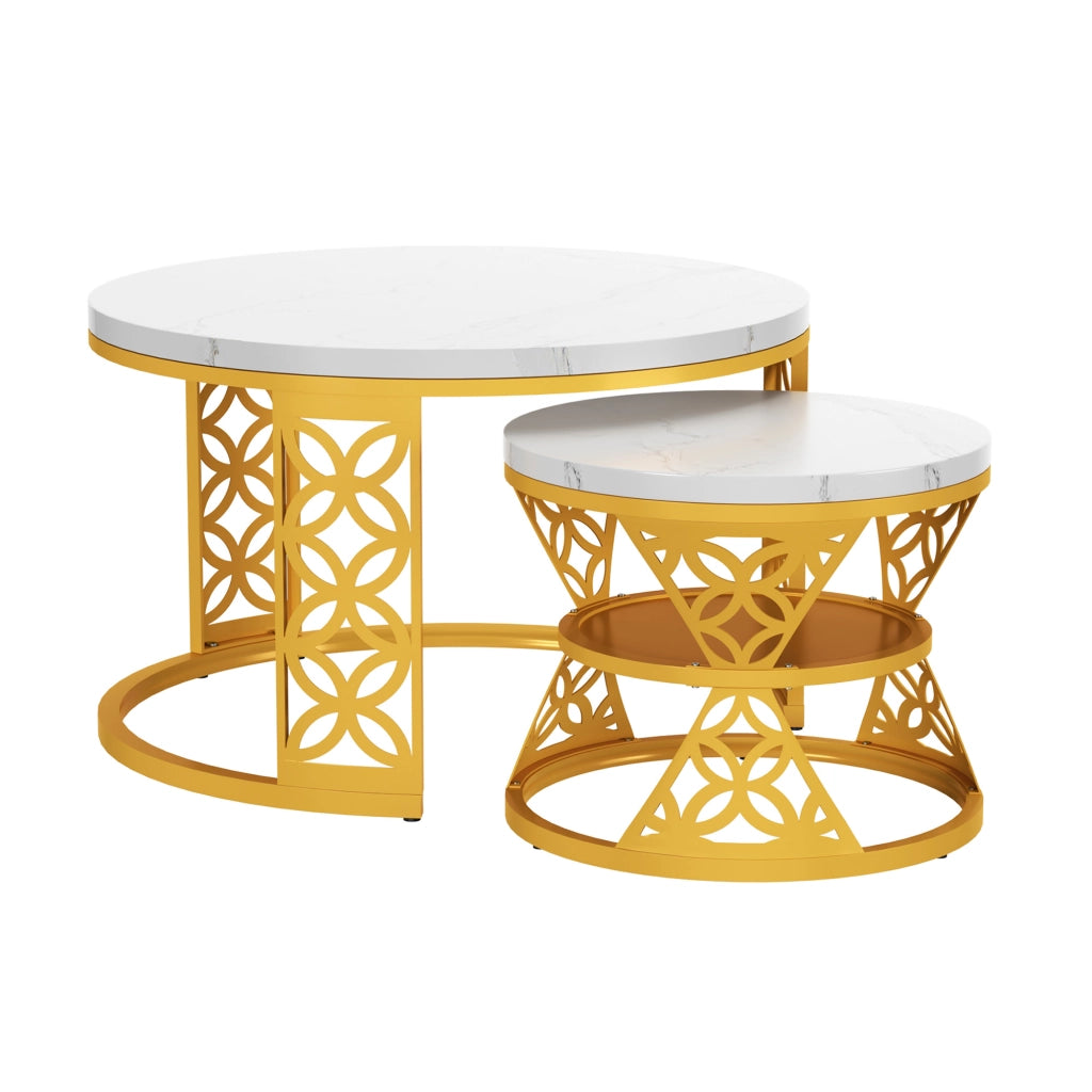 Set di 2 Tavolini da Salotto in Metallo 70 x 70 x 45 cm e 45 x 45 x 37 cm con Base Antiscivolo Bianco e Oro