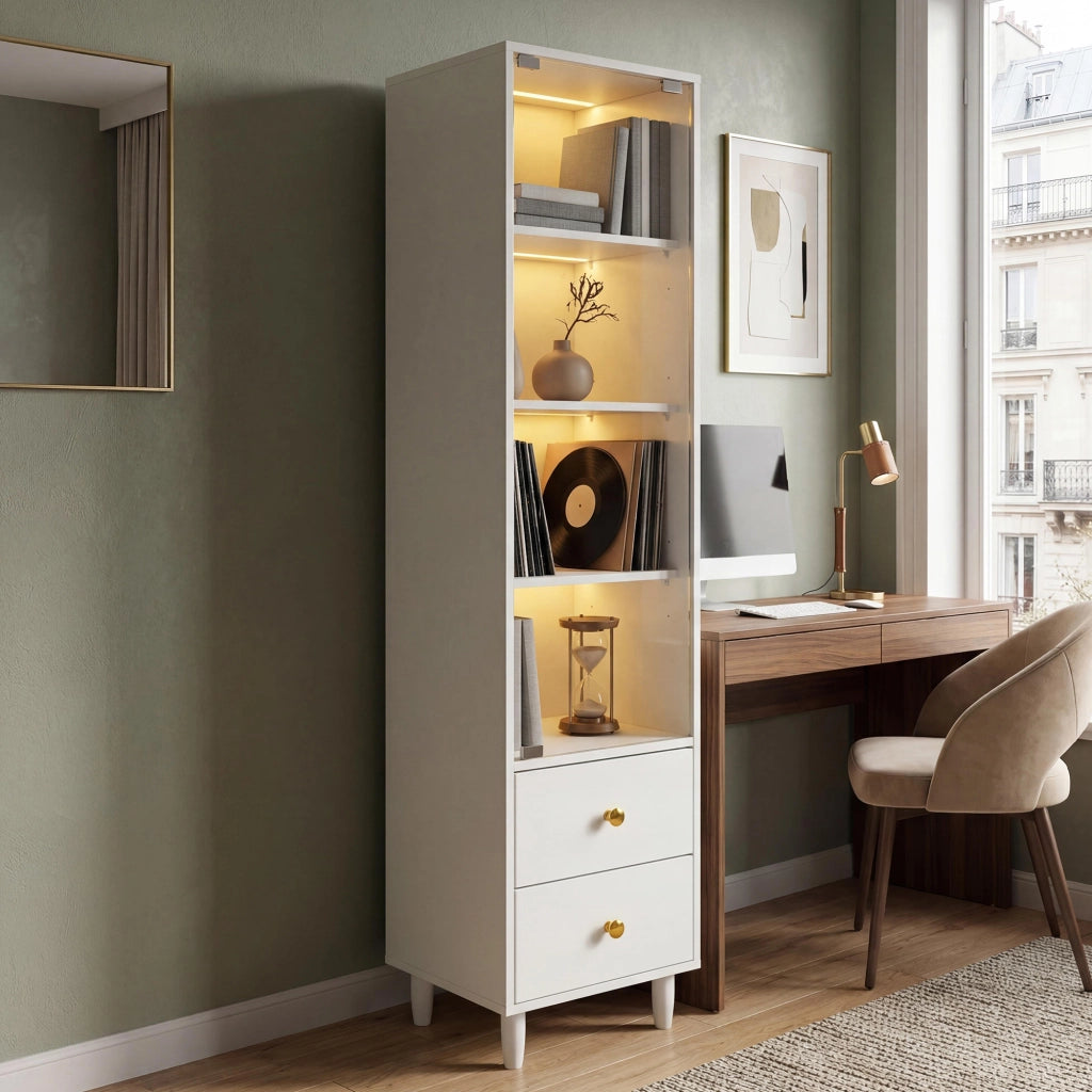 Vetrina con LED e ante in vetro; 4 livelli e 2 cassetti in MDF bianco con gambe coniche per soggiorno