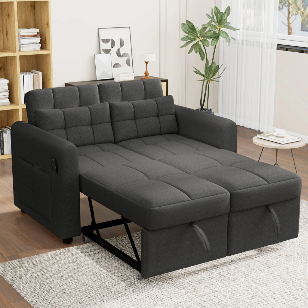 Divano letto 3 in 1 a 2 posti 142 cm con schienale reclinabile e porte USB integrate; tessuto effetto lino; grigio