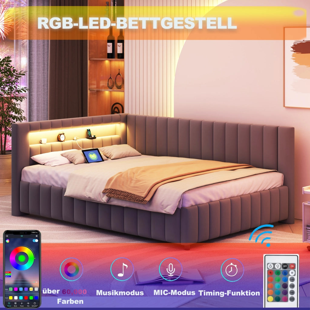 Divano letto 140 × 200 cm a L rivestito in velluto grigio con LED multicolore; USB; testiera e schienale