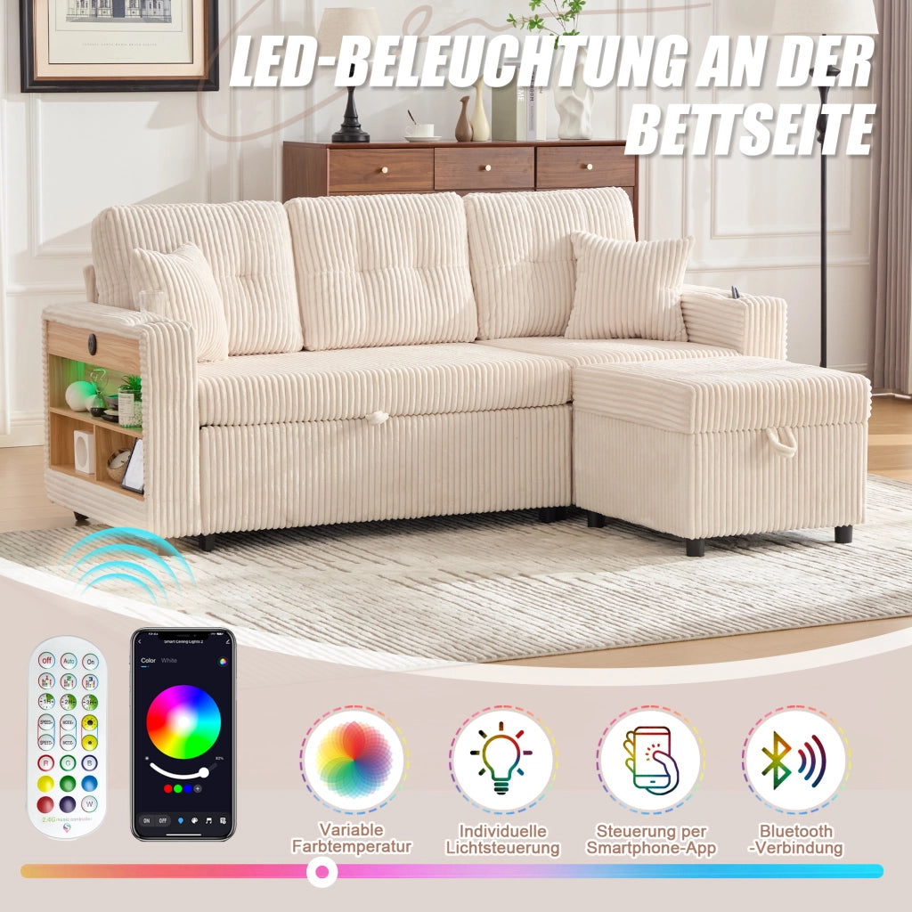 Divano letto estraibile in velluto a coste beige con vano contenitore USB-C e LED 196 × 82–144 × 85 cm