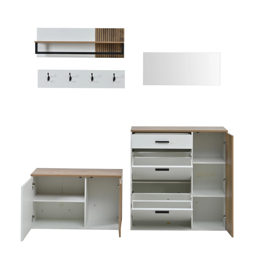 Set di mobili da ingresso 5 pezzi con scaffale porta scarpe, panca, specchio, pannello appendiabiti e ripiano, colore legno e bianco