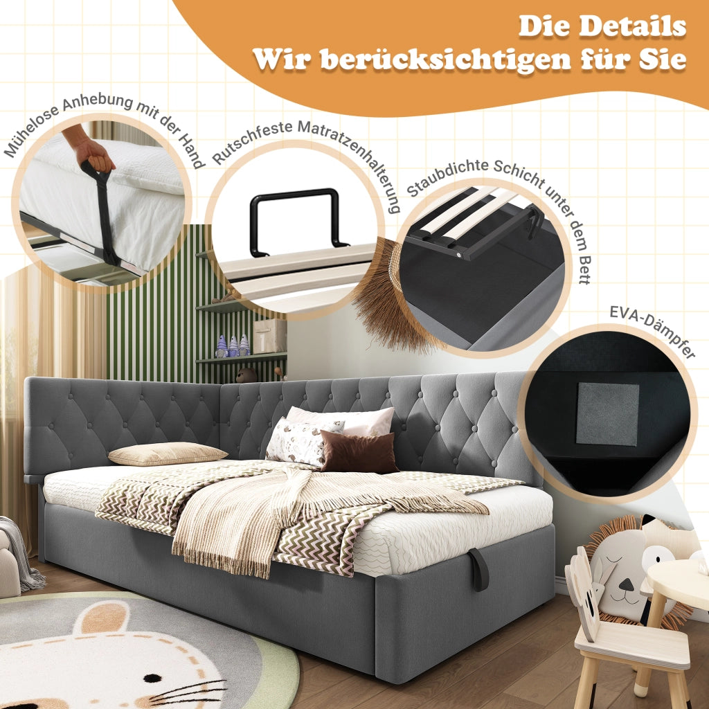 Letto singolo con contenitore 90 × 200 cm in velluto grigio con rete a doghe e testiera reversibile