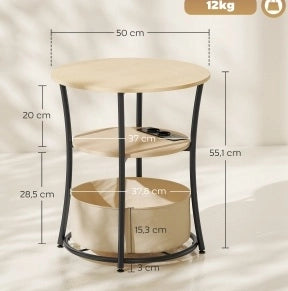 Tavolino da Salotto 3 Livelli con Stazione di Ricarica e Tasca in Tessuto, Ø50x55,1 cm, Legno Naturale e Metallo Nero
