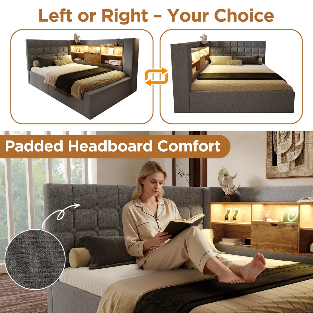 Letto singolo 90 × 200 cm con contenitore idraulico; LED; USB e USB-C; senza materasso; in lino; grigio