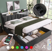 Letto matrimoniale 140x190 cm con testiera contenitore, USB e LED RGBW