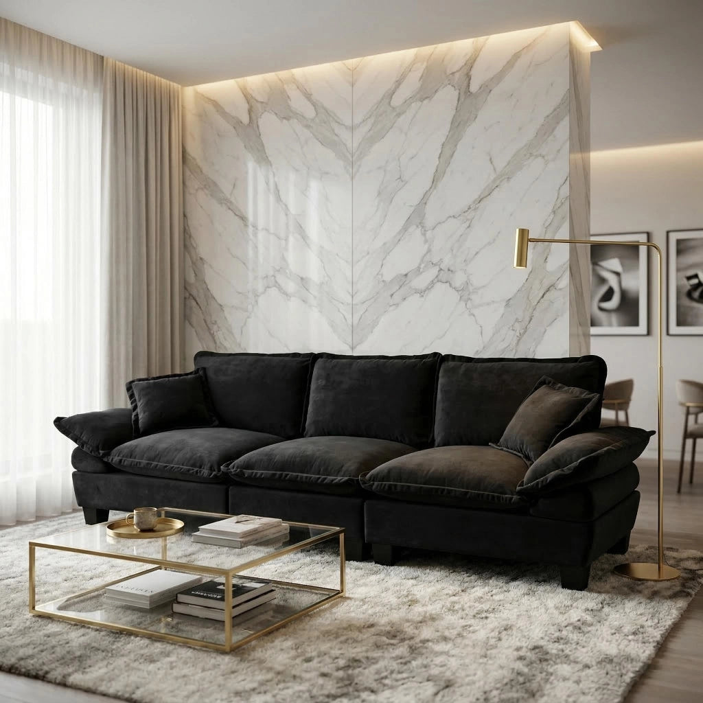 Divano modulare 263x82x90 cm con braccioli removibili in ciniglia nero