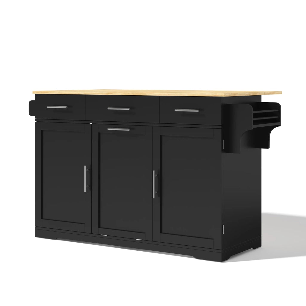 Isola cucina mobile con piano ribaltabile, carrello su ruote con 3 cassetti grandi, 2 ante e vano pattumiera, 136x50(75)x92 cm