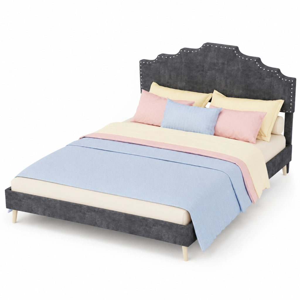 Letto con testiera geometrica per materasso 160 × 200 cm in tessuto grigio con rete a doghe