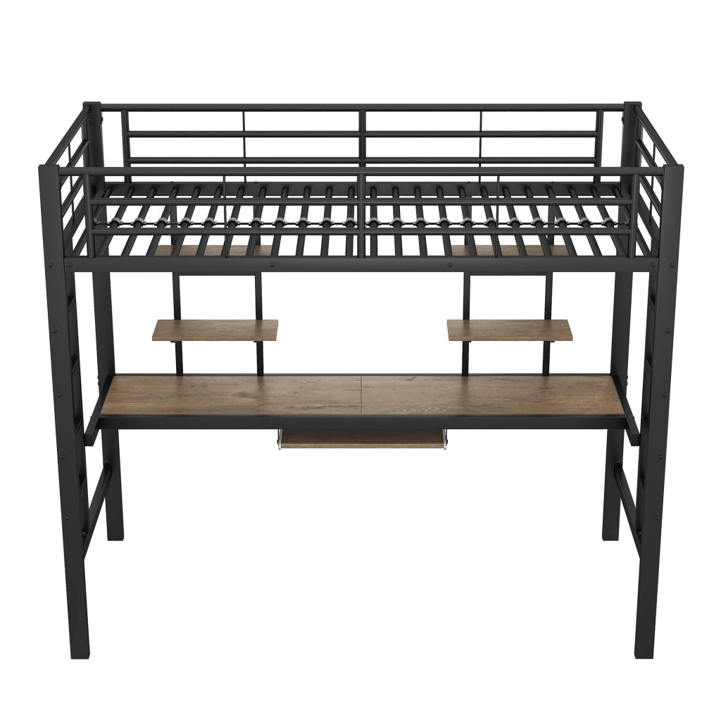 Letto a soppalco 90x200 cm con scrivania e 2 ripiani in metallo e MDF nero