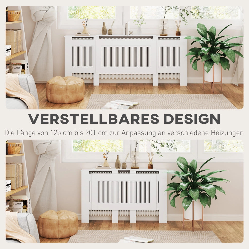 Mobile copritermosifone estensibile 125-201 cm in MDF bianco con design a doghe e ripiano per casa
