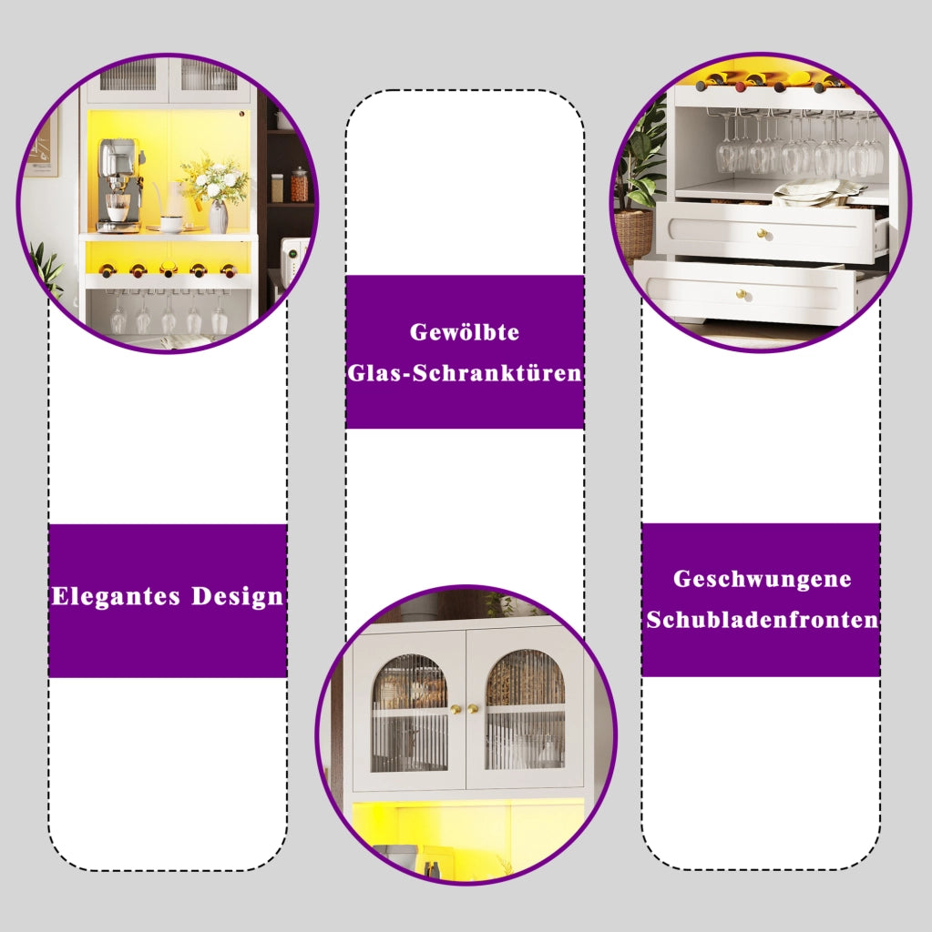 Highboard bianco con ante in vetro arcuate, illuminazione LED controllabile via app, supporto vino, ripiani regolabili e porta USB, per soggiorno e sala da pranzo