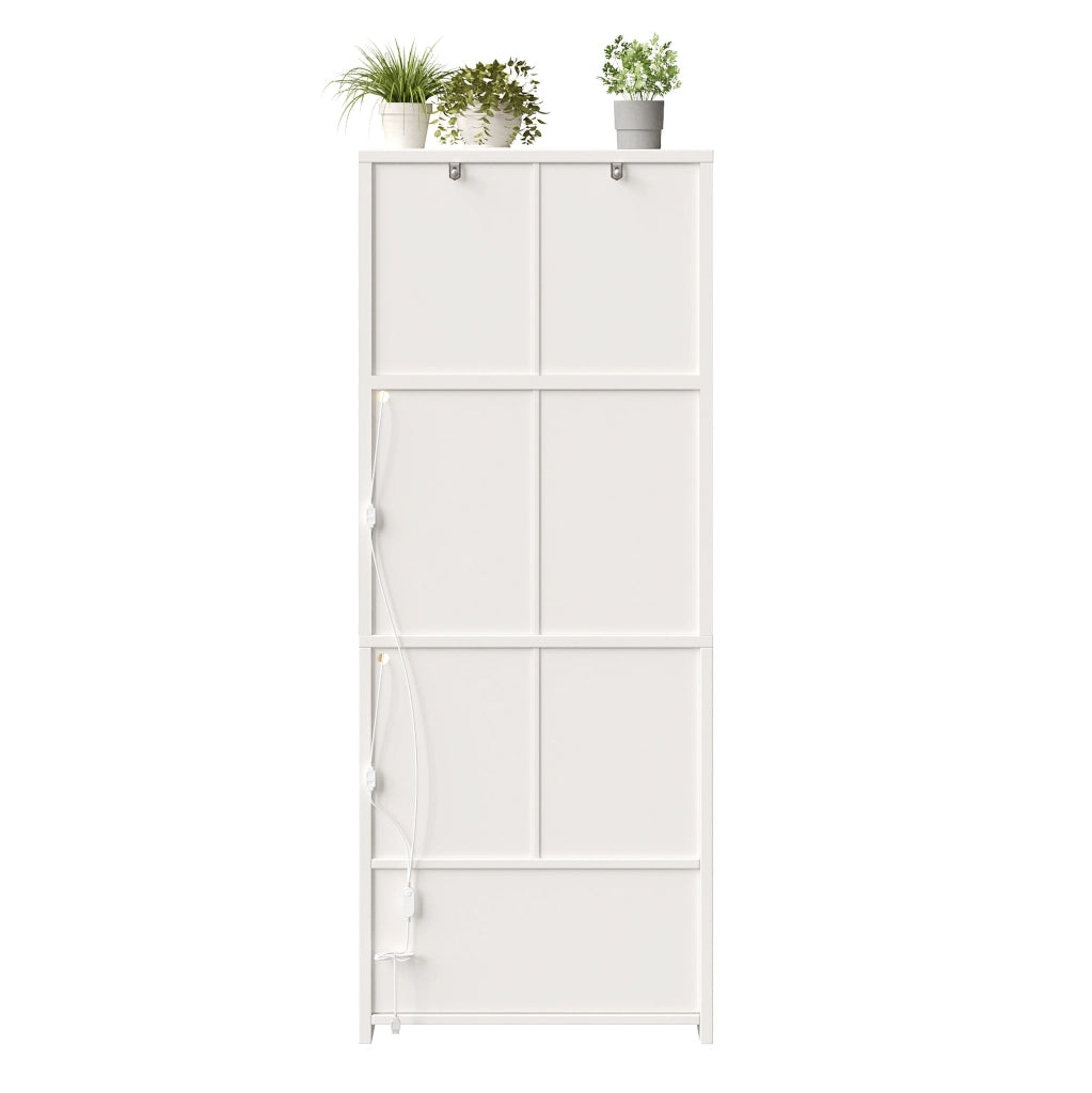 Highboard bianco con ante in vetro arcuate, illuminazione LED controllabile via app, supporto vino, ripiani regolabili e porta USB, per soggiorno e sala da pranzo