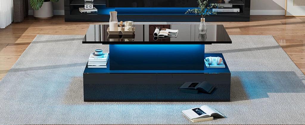 Tavolino da caffè con luci led nero lucido 4 cassetti 90x55x41 cm