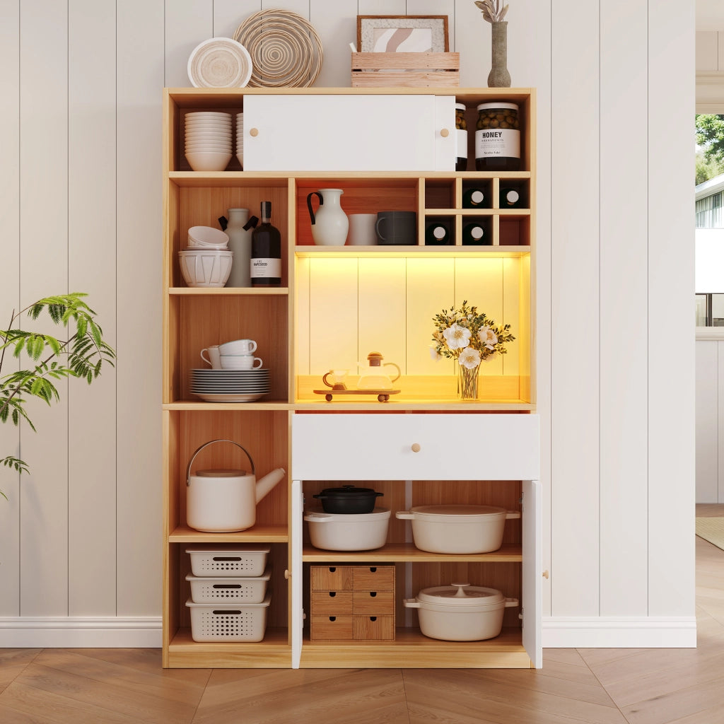 Mobile colonna da cucina con LED regolabile; 3 ante; cassetto e ripiani aperti bianco e naturale 115 × 35 × 180 cm