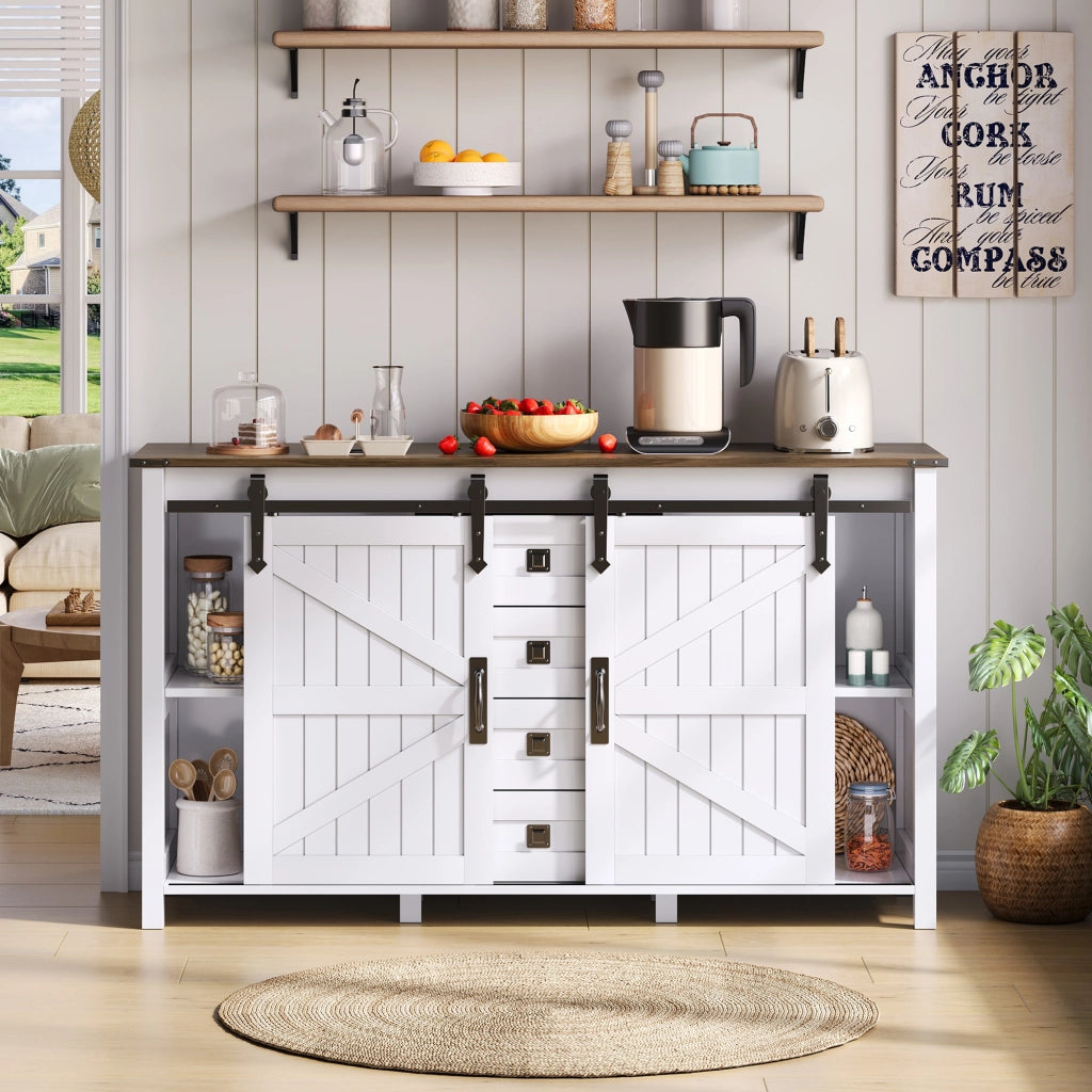Credenza con 2 ante scorrevoli e 4 cassetti; mobile contenitore in MDF per cucina; sala da pranzo e soggiorno; bianco; 137 × 40 × 81.5 cm
