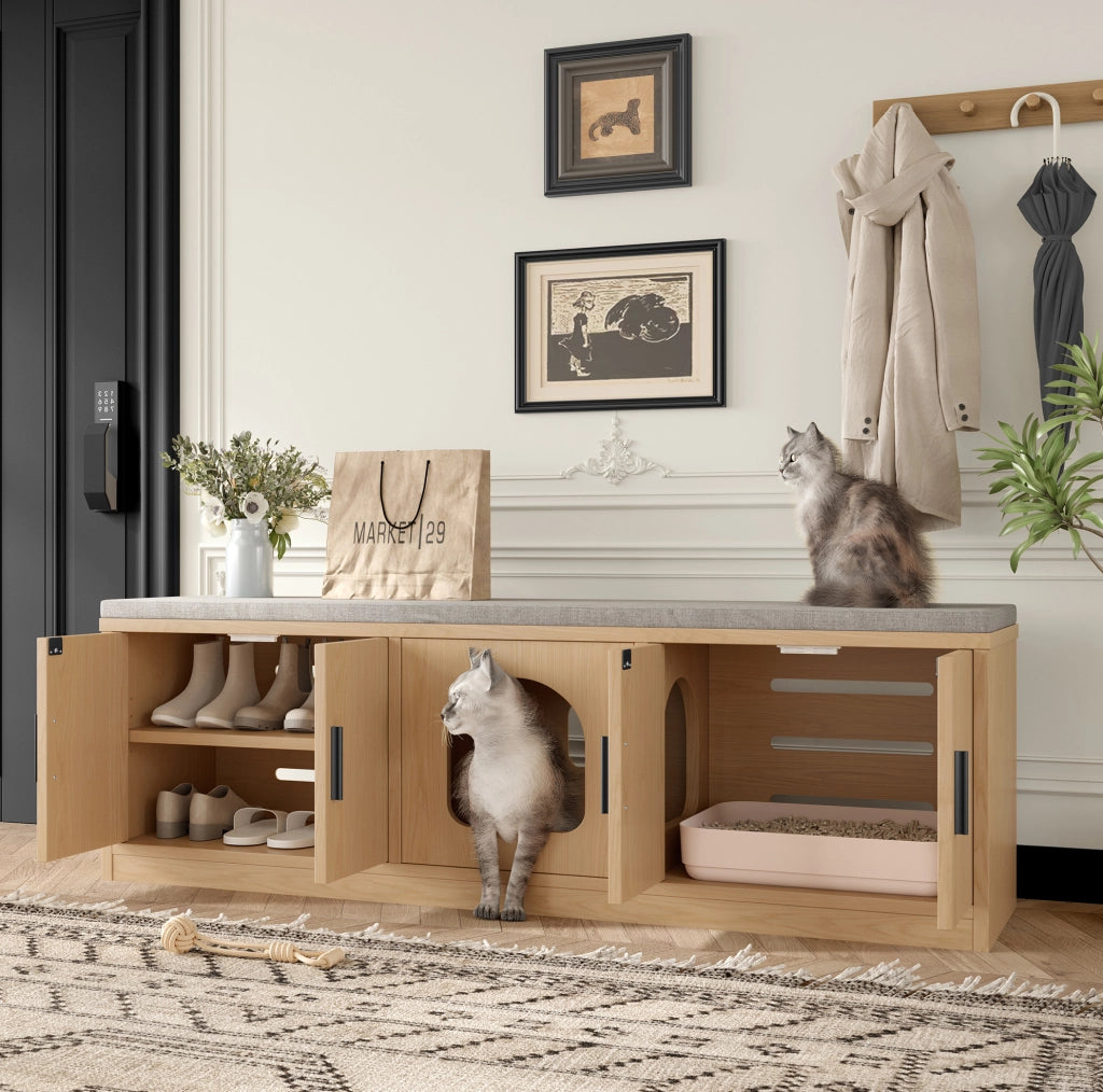 Mobile per lettiera per gatti 140x40x45;5 cm con ripiani regolabili e tappetino tiragraffi; rovere