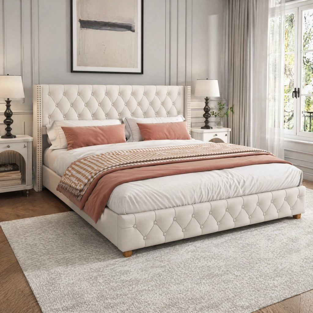 Letto imbottito 140 × 190 cm con rete a doghe testiera e pediera capitonné rivestito in lino beige