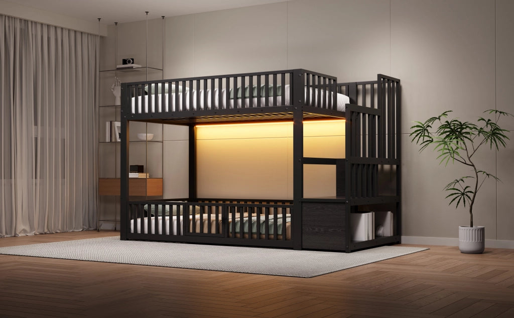 Letto a Castello 90x200 cm con Contenitore; LED; Sponde di Sicurezza; Nero