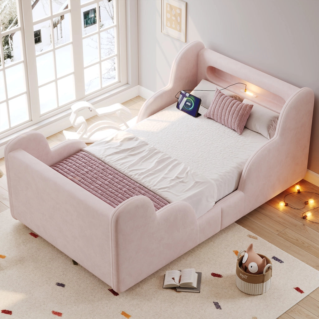 Letto per bambini singolo 200 × 90 cm con barriere imbottite, luce notturna, USB e Type-C, senza materasso, rosa