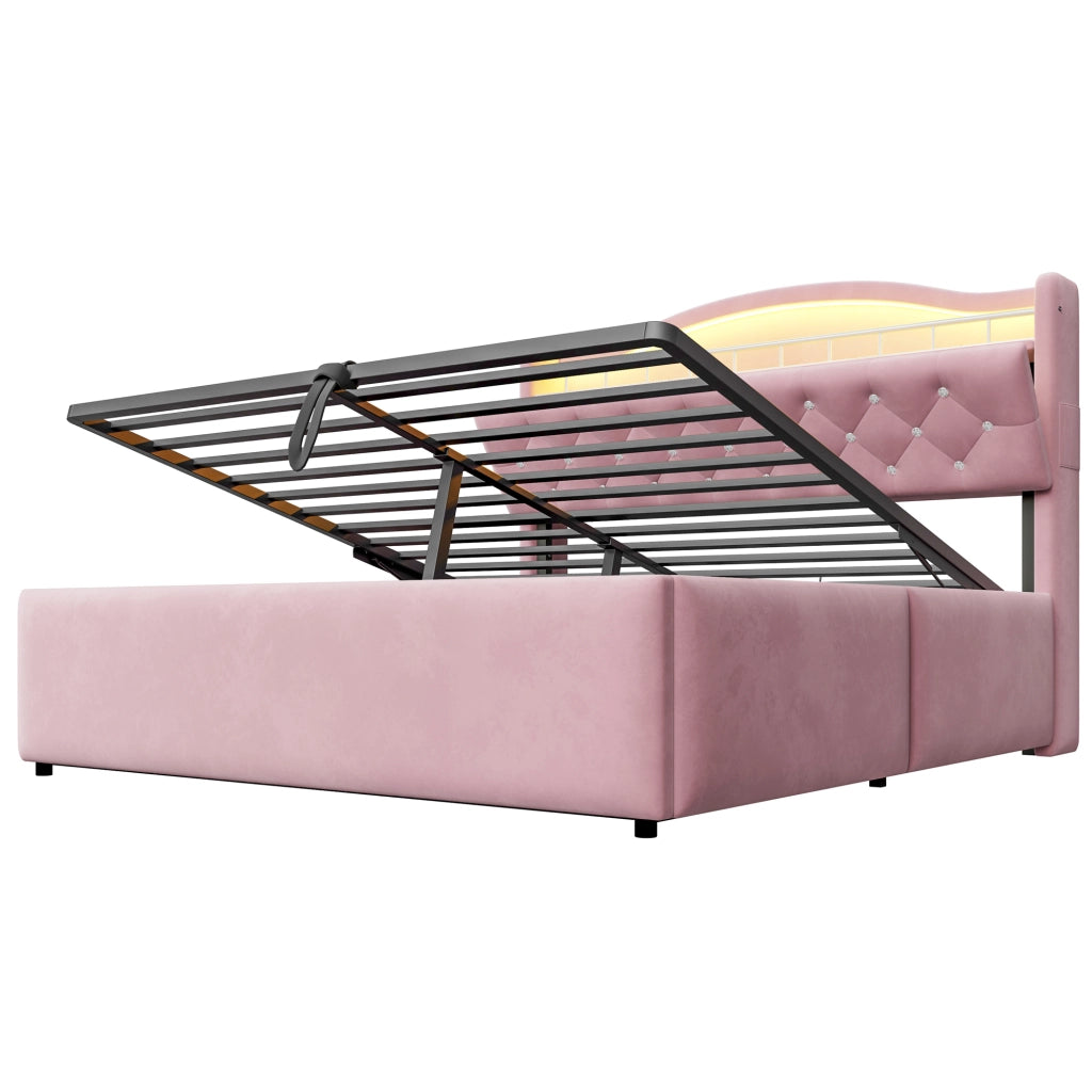 Letto Matrimoniale Contenitore 140x200 cm in Velluto Rosa con Testiera LED; Prese USB/USB-C e Rete a Doghe in Metallo