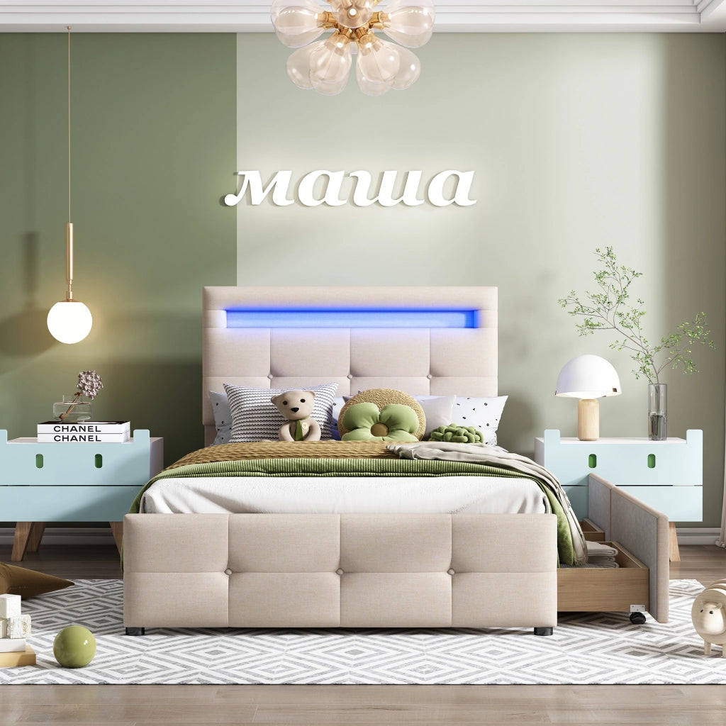 Letto Singolo 90x200 Imbottito Beige con Luci LED e 2 Cassetti Rivestimento in Lino