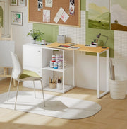 Scrivania angolare girevole a 360°, con 2 armadietti e 2 ripiani aperti, per spazi ridotti, 150x40x75 cm, bianco e impiallacciatura legno chiaro