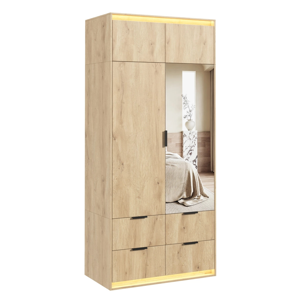 Armadio moderno con specchio e LED, 2 ante, 4 cassetti e asta appendiabiti, per camera da letto, in MDF rovere, 90 × 47 × 200 cm