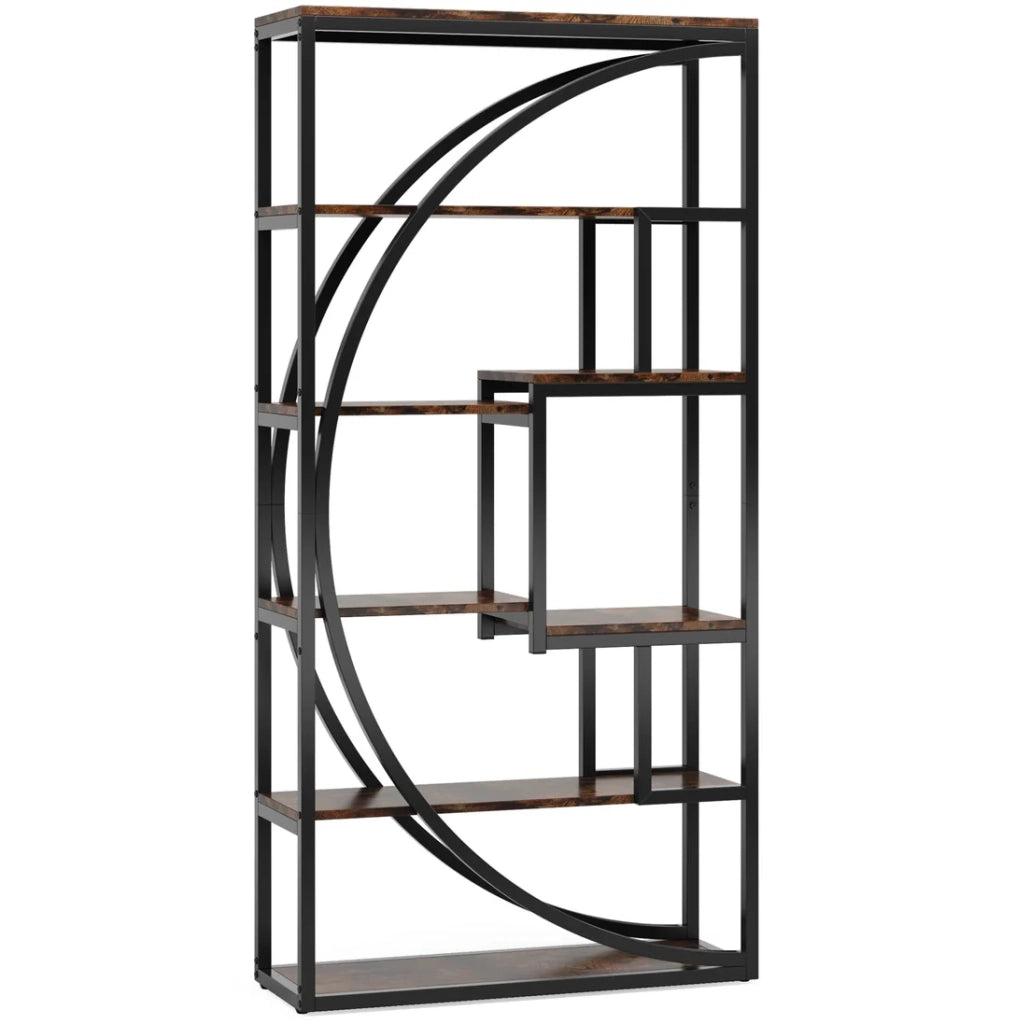 Libreria a 6 Ripiani con Design Geometrico Moderno in Metallo Nero e Legno, 80x35x179 cm