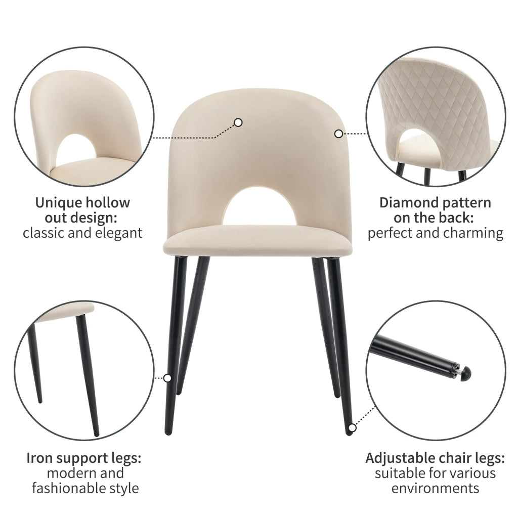 2 Sedie da Pranzo Imbottite, Design con Schienale in Velluto Beige a Motivo Diamante, Struttura in Metallo con Piedini Regolabili