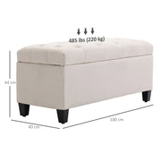 Panca contenitore imbottita in poliestere effetto lino crema 100x40x44 cm con gambe in legno di caucciù
