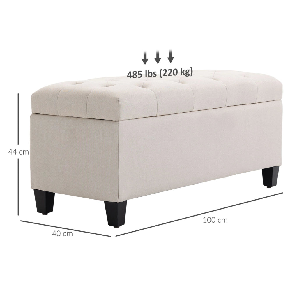 Panca contenitore imbottita in poliestere effetto lino crema 100x40x44 cm con gambe in legno di caucciù