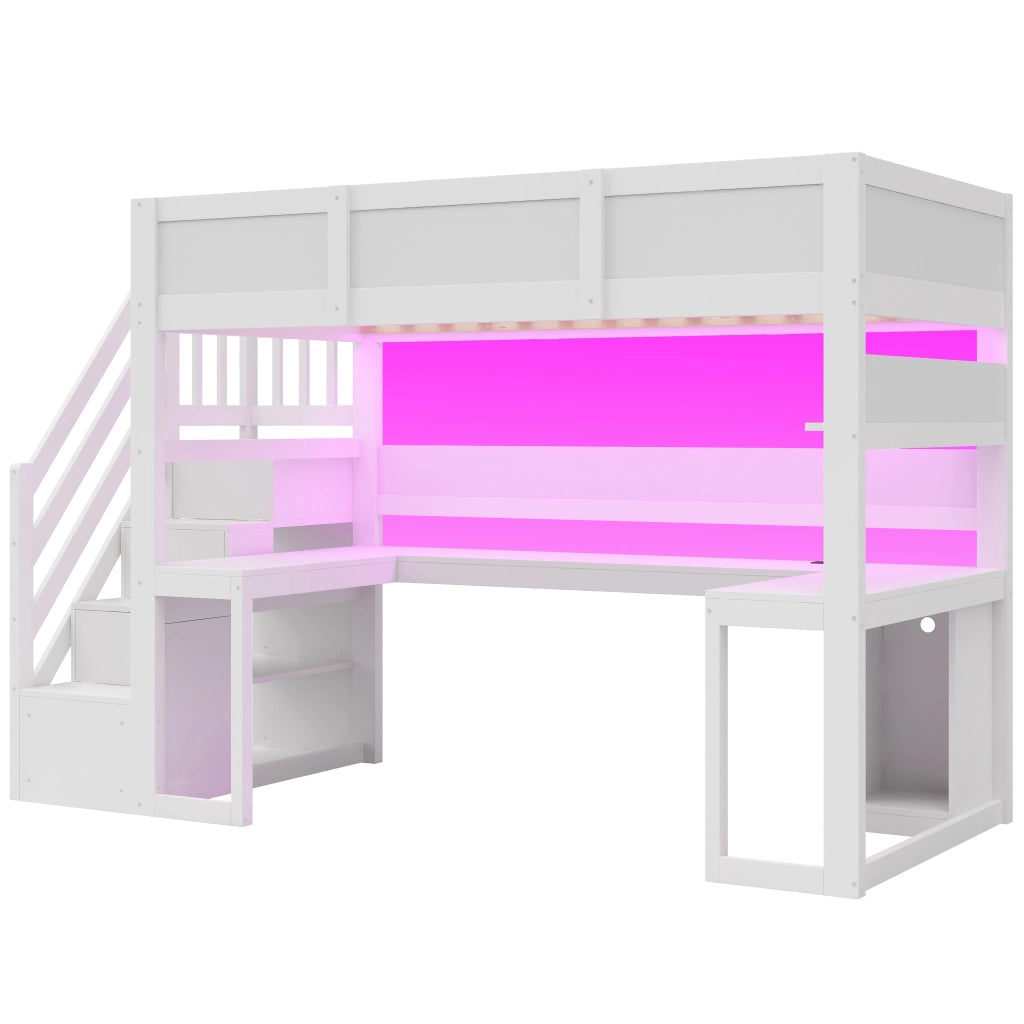 Letto a soppalco 90x200 cm con scrivania integrata e luci LED; bianco